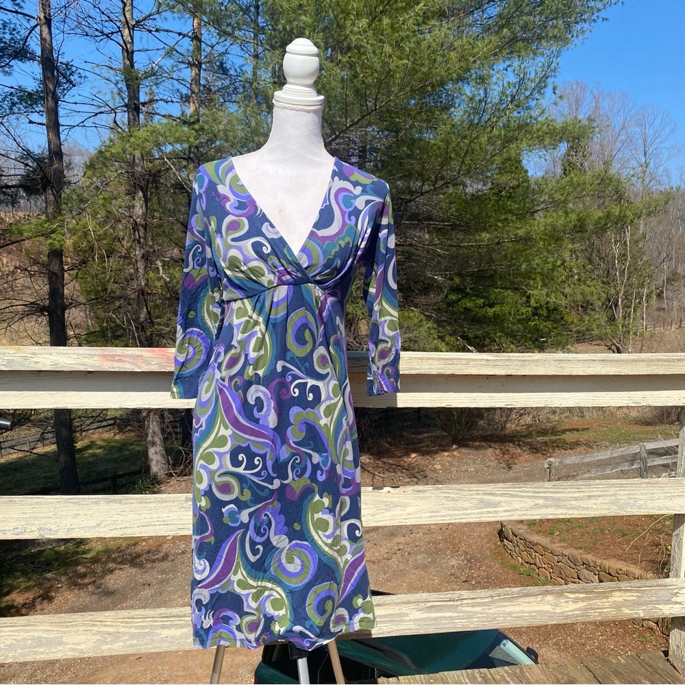 Boden Long Sleeve Dress in Purple and Green Swirl